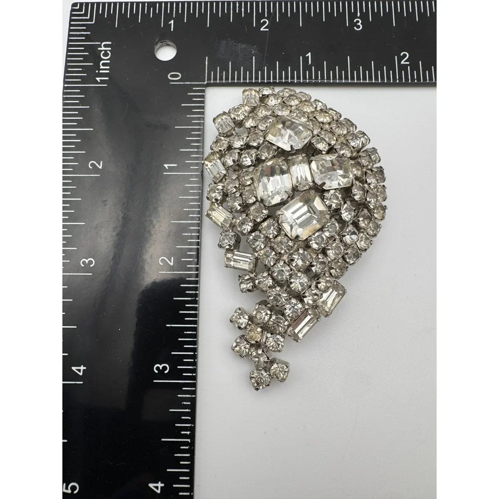 Vintage Rhinestone Brooch Clear Sparkly Baguette Pin